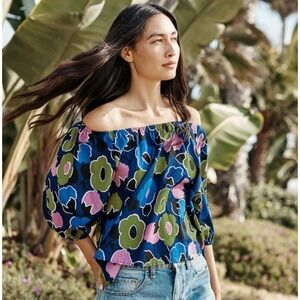 Velvet‎ by Graham & Spencer Floral Square Neck Puffed Sleeve Cotton Top XS